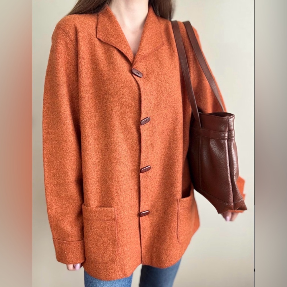 Sigrid Olsen 100% Lambs wool orange cardigan, cozy Button‎ Down Sweater, PL